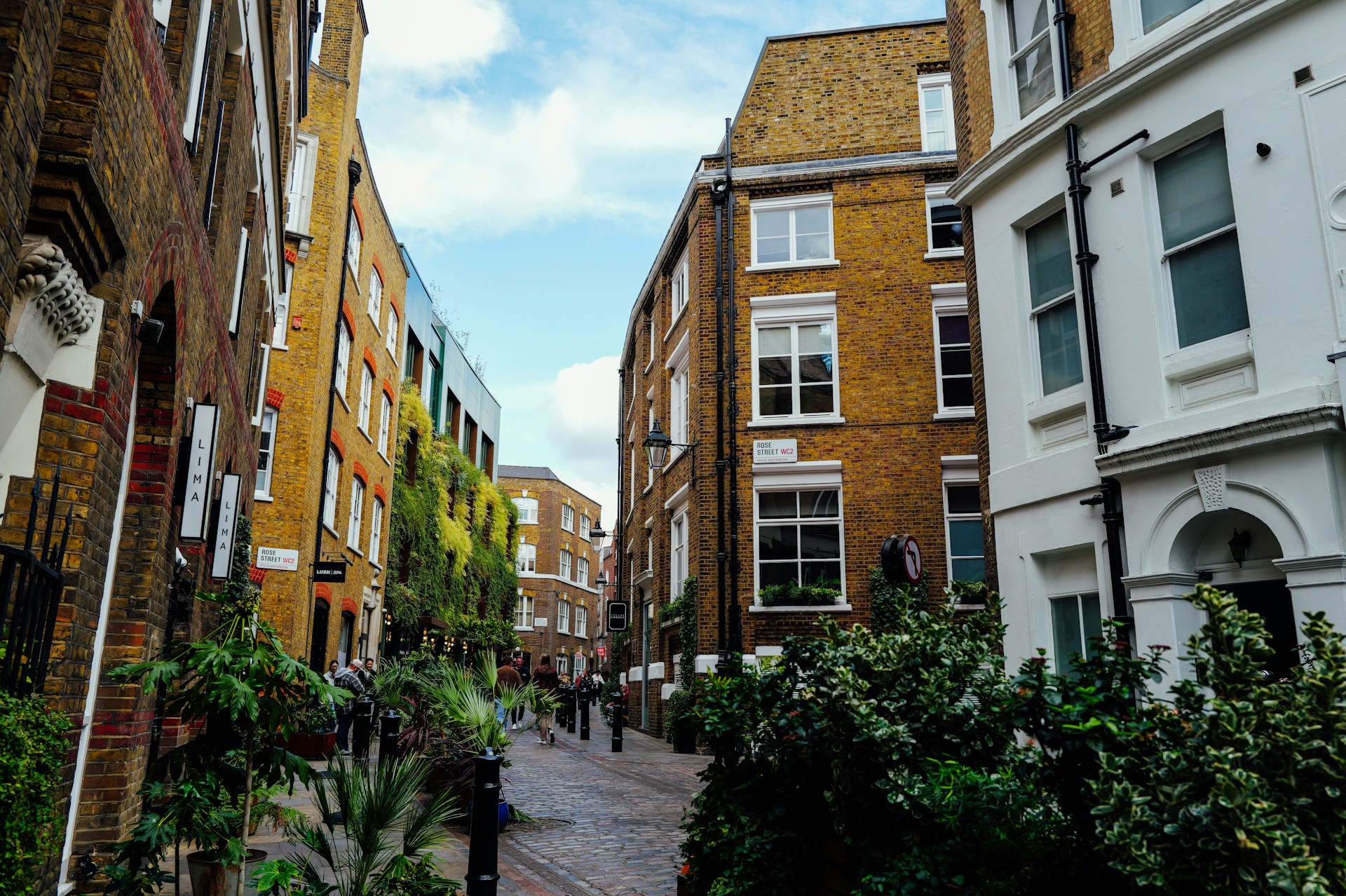 A quiet London street lined with brick buildings and greenery